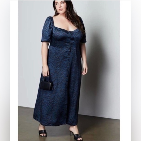 Good American Blue Animal Zebra Corset Puff Sleeve Satin Maxi Dress NEW - Picture 2 of 4